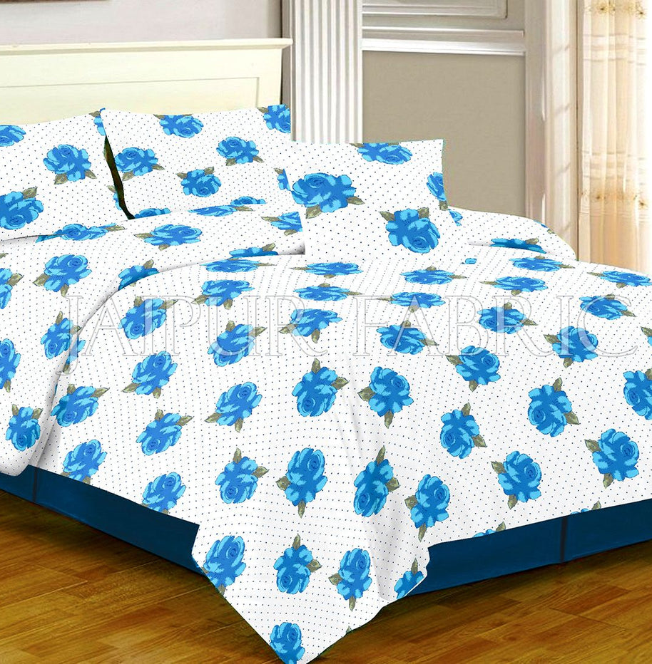 White Base Blue Flower Dotted Print Single Bed Sheet