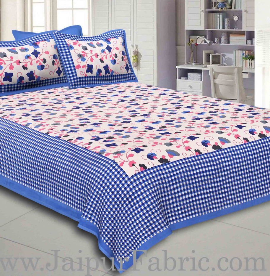 Navy Blue Border jaipuri design floral print Cotton Double Bedsheet with Pillow Cover