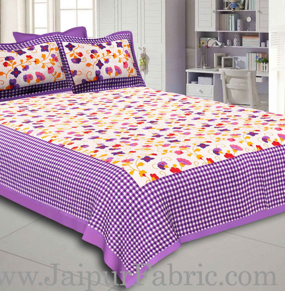 Purple Border jaipuri design floral print Cotton Double Bedsheet with Pillow Cover