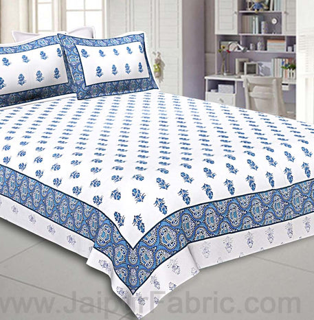 Double Bedsheet  Light Blue Small Booti Print