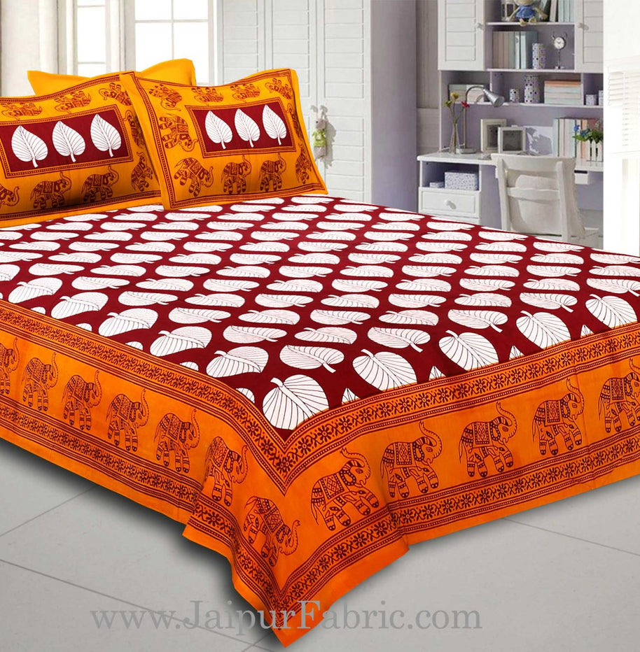 Yellow  Border With  Maroon  Paan Pattern Cotton Double Bed Sheet