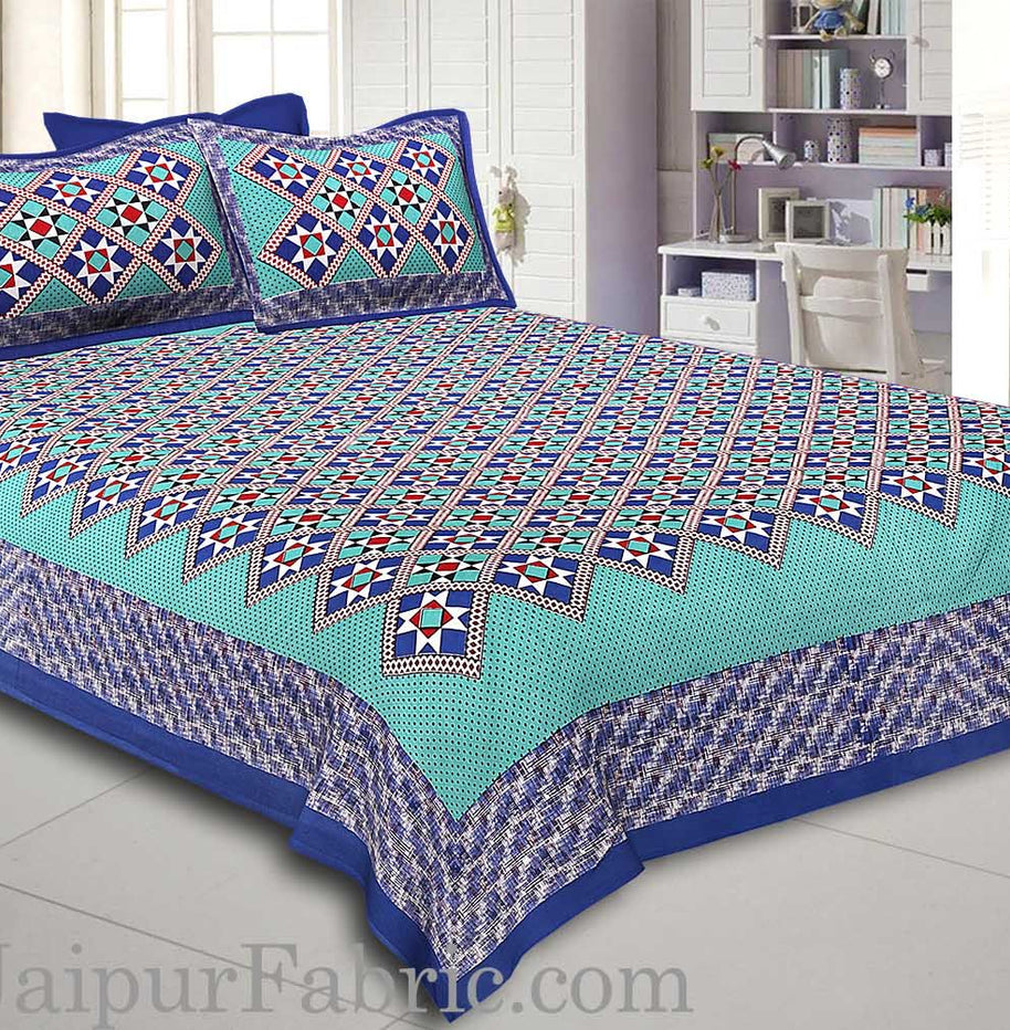 Blue Border Sea Green Base Designer Check Pattern Cotton Double Bed Sheet