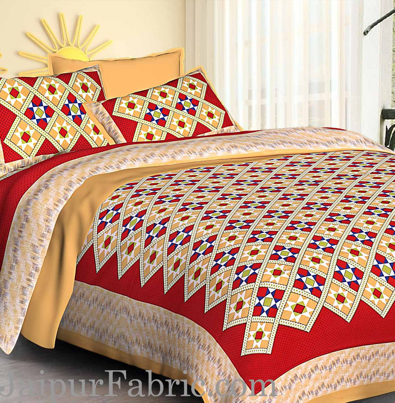 Mustard Border Red   Base Designer Check Pattern Cotton Double Bed Sheet