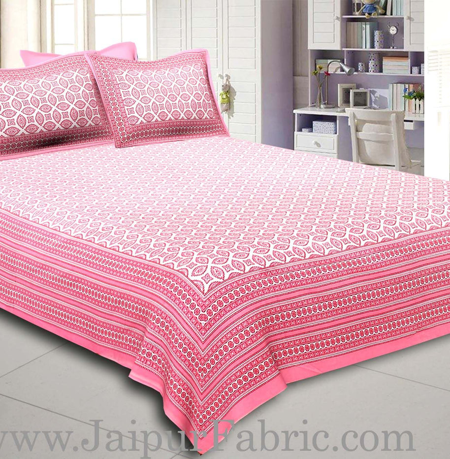 Pink Border Cream Base Bagru Pattern Cotton Double Bed Sheet