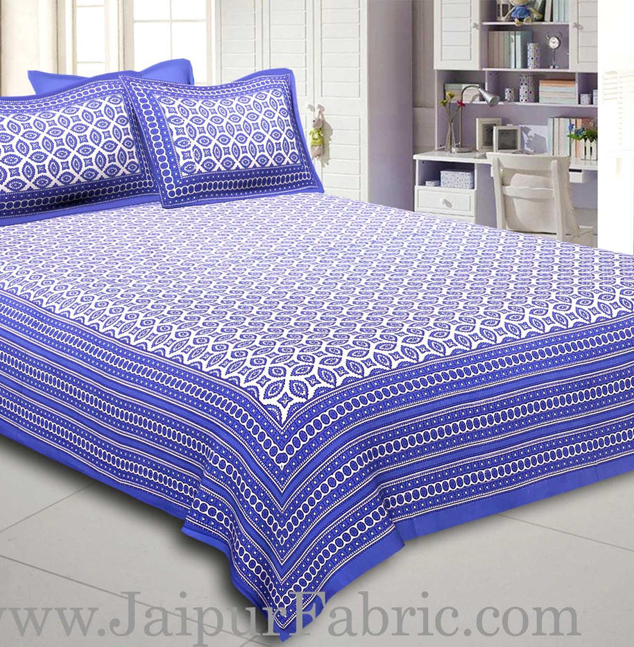 Blue Border Cream Base Bagru Pattern Cotton Double Bed Sheet