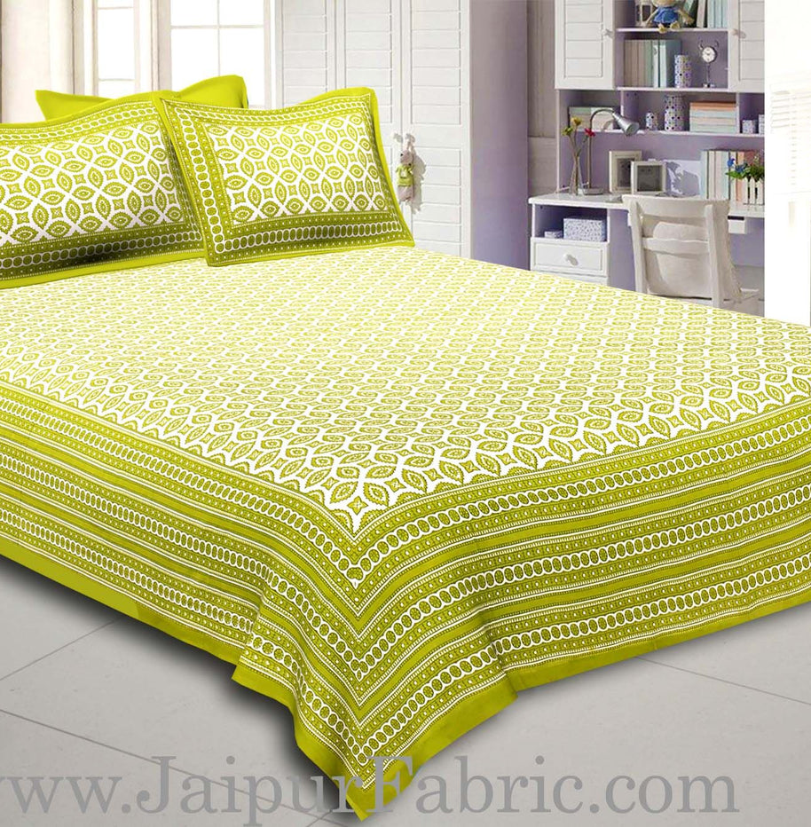 Green Border Cream Base Bagru Pattern Cotton Double Bed Sheet