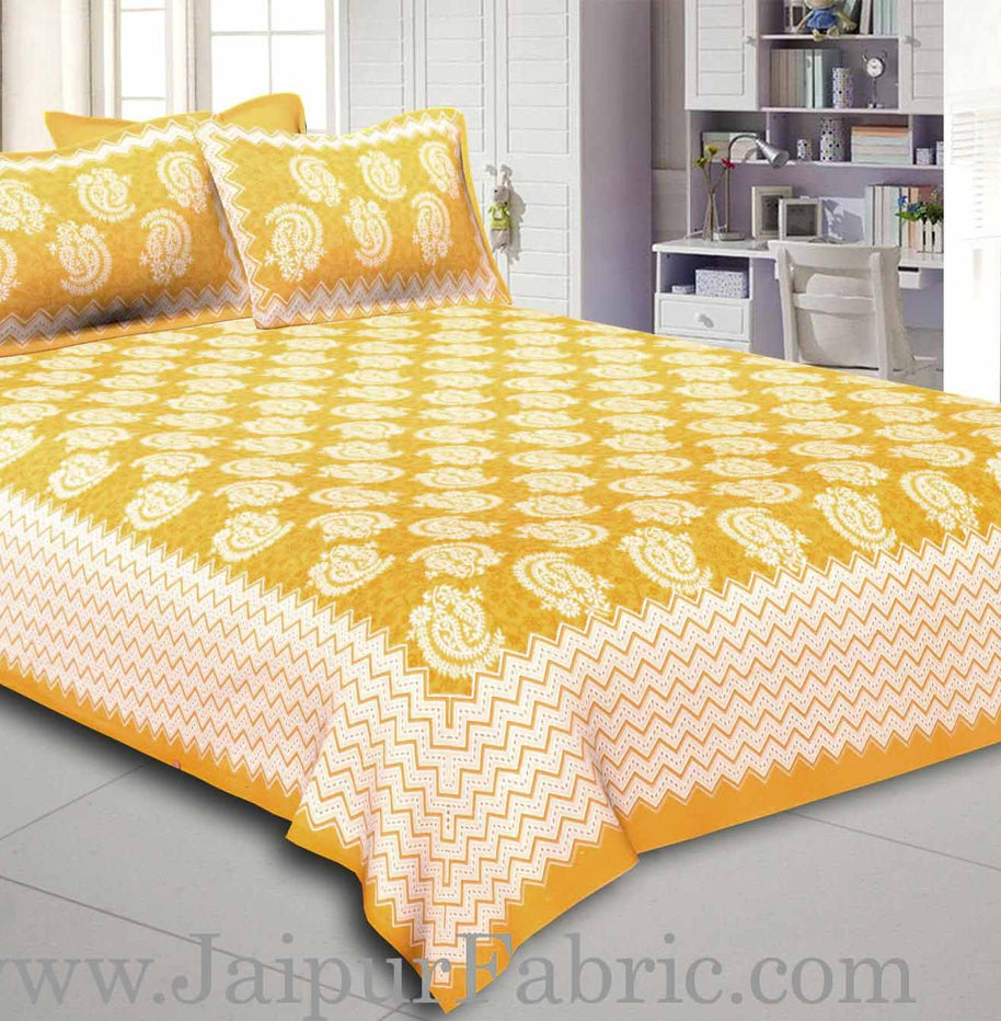 Yellow  Border With Zig-Zig Lining Twin Kerry Pattern Cotton Double Bed Sheet