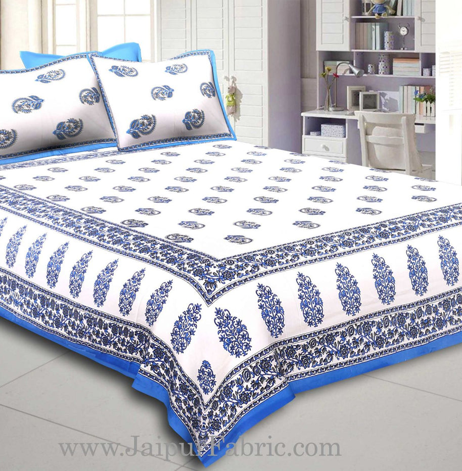 Blue Border White Base Gamla And Booti Print Cotton Double Bed Sheet