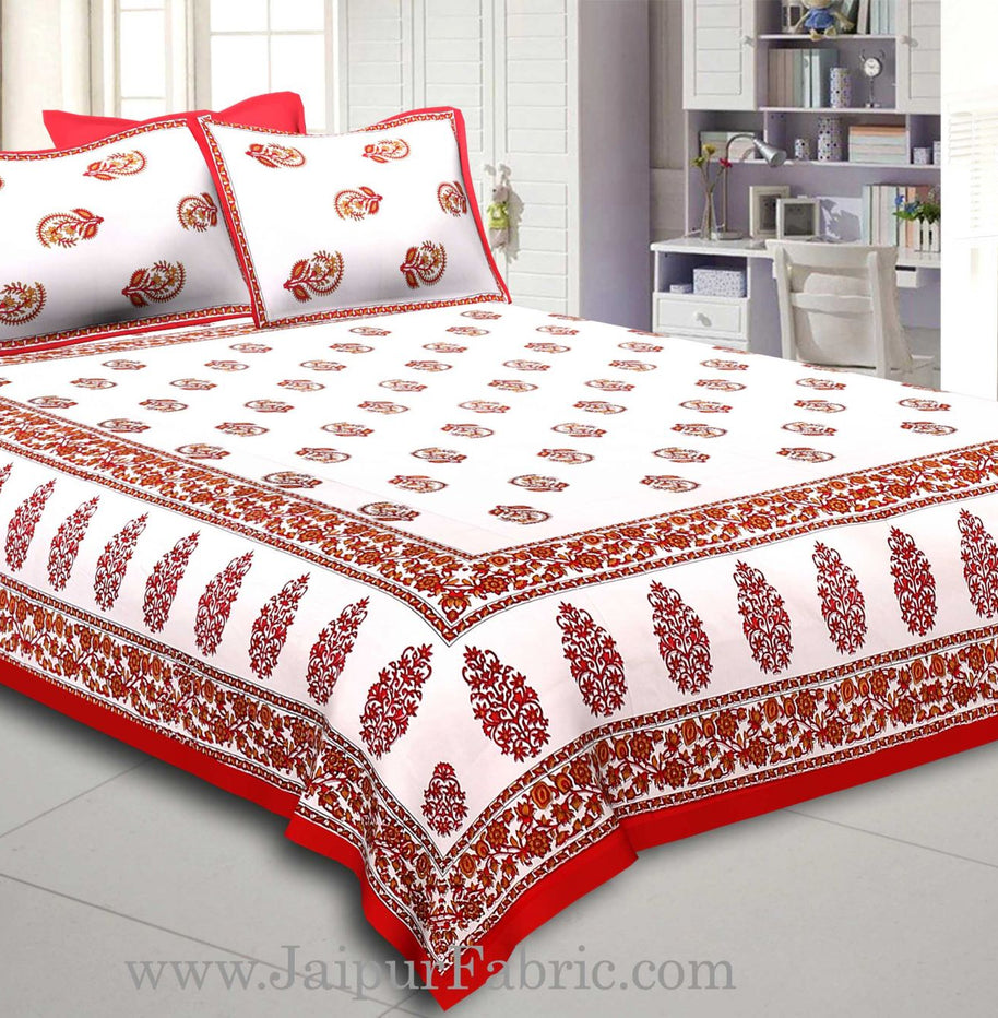 Red  Border White Base Gamla And Booti Print Cotton Double Bed Sheet