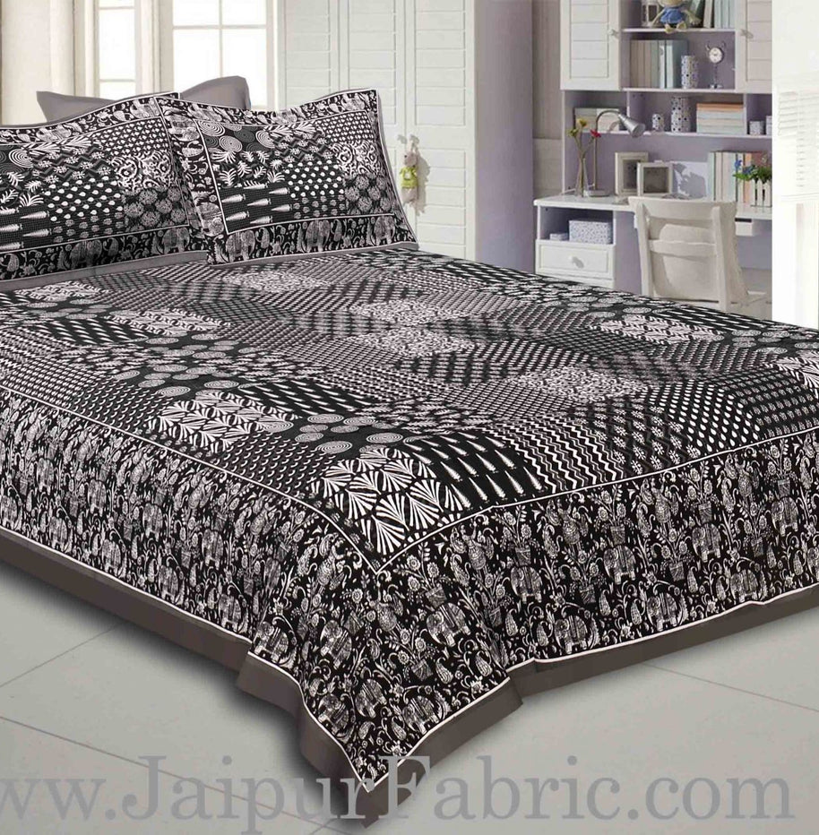 Grey Border Black Base Checks Design Cotton Double Bedsheet With Pillow Cover