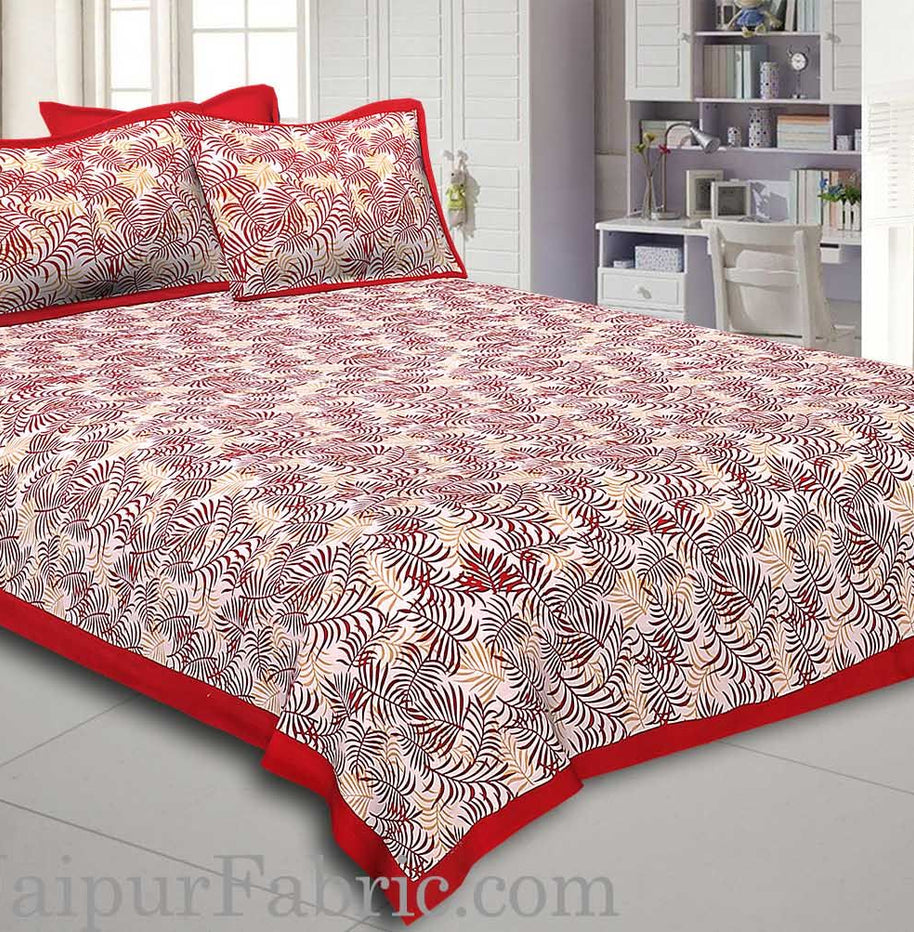 Radish Maroon Border Dense Leaf Pattern Cotton Satin Bed Sheet