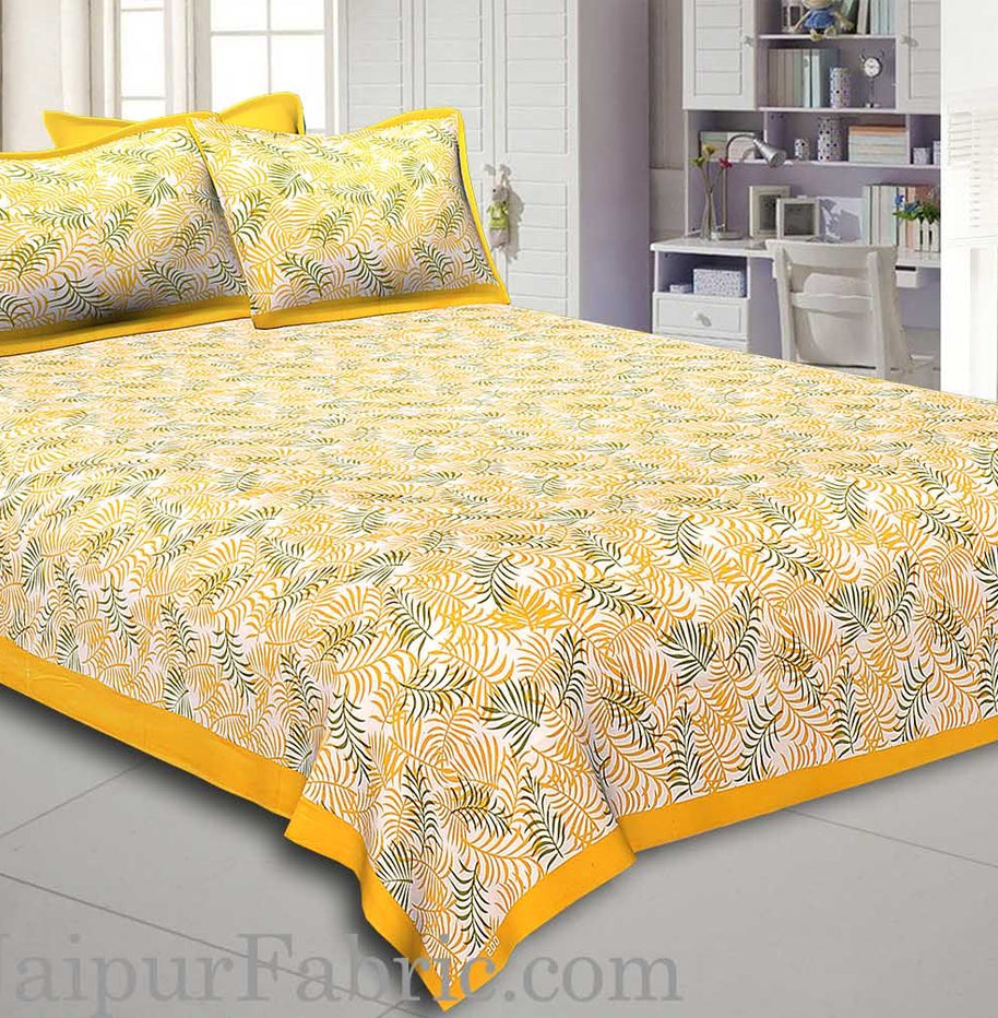 Yellow Border Dense Leaf Pattern Cotton Satin  Double Bed Sheet