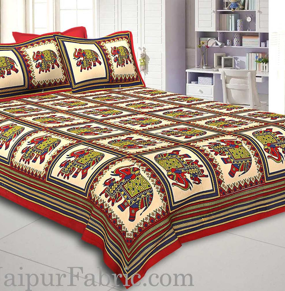 Red Border Big Elephant In Check Cotton Double Bed Sheet