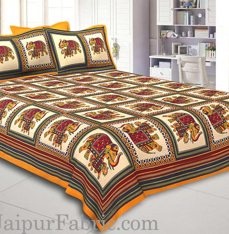 Yellow Border Big Elephant In Check Cotton Double Bed Sheet