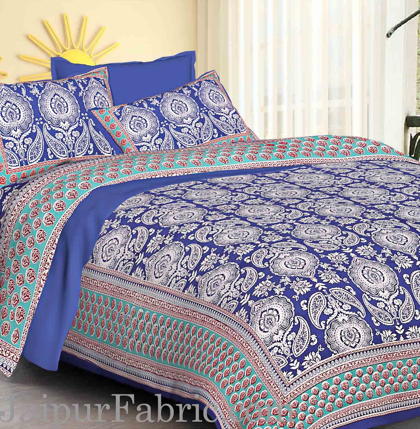 Blue Border Large Booty Print Cotton Double Bed Sheet