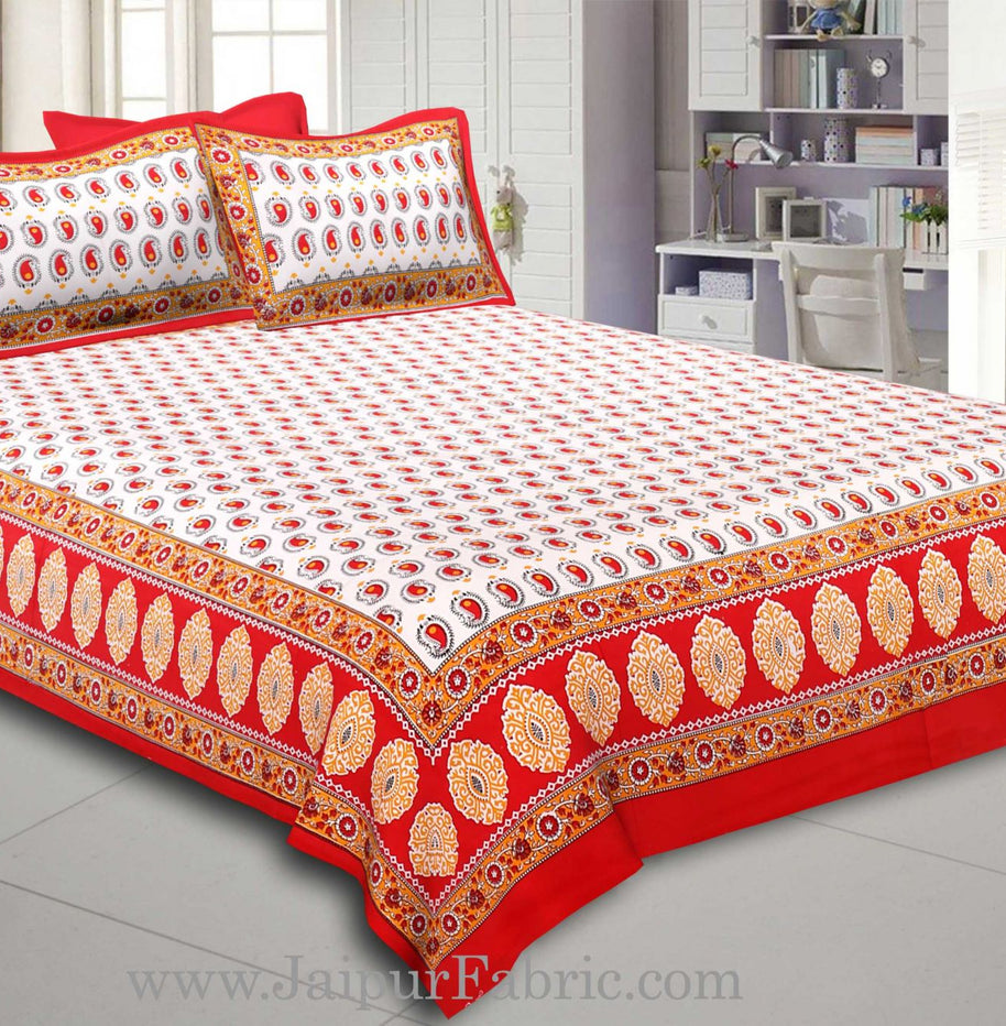 Orange Border With  Boota  White Base With Small Kerry Print Cotton Double Bed Sheet