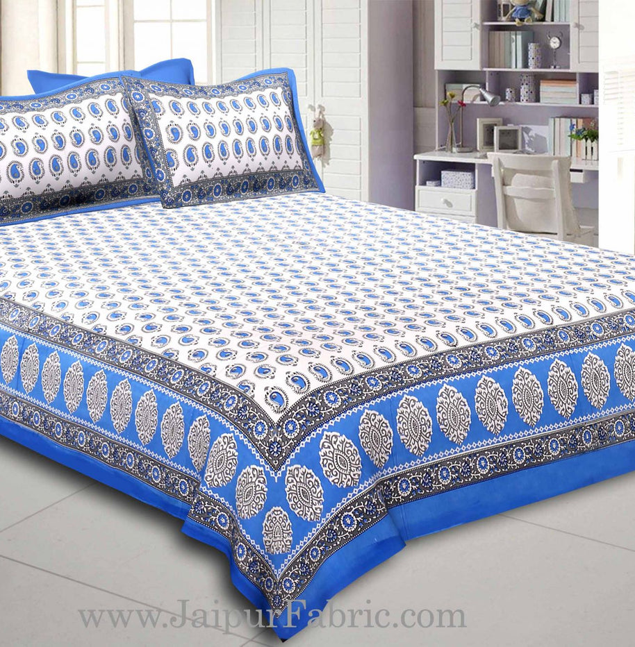 Blue Border With  Boota  White Base With Small Kerry Print Cotton Double Bed Sheet