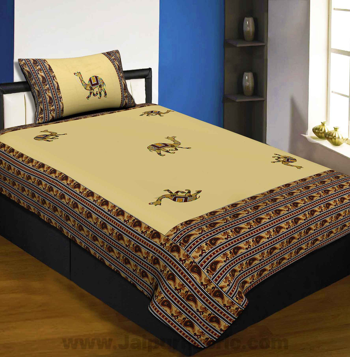 Applique Cream Camel Jaipuri  Hand Made Embroidery Patch Work Single Bedsheet