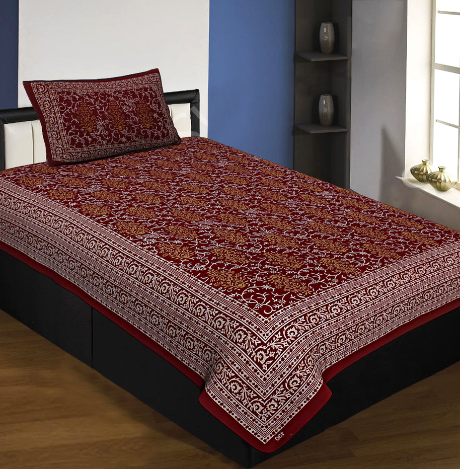 Floral Single Bedsheet Maroon with 2 Pillow Covers