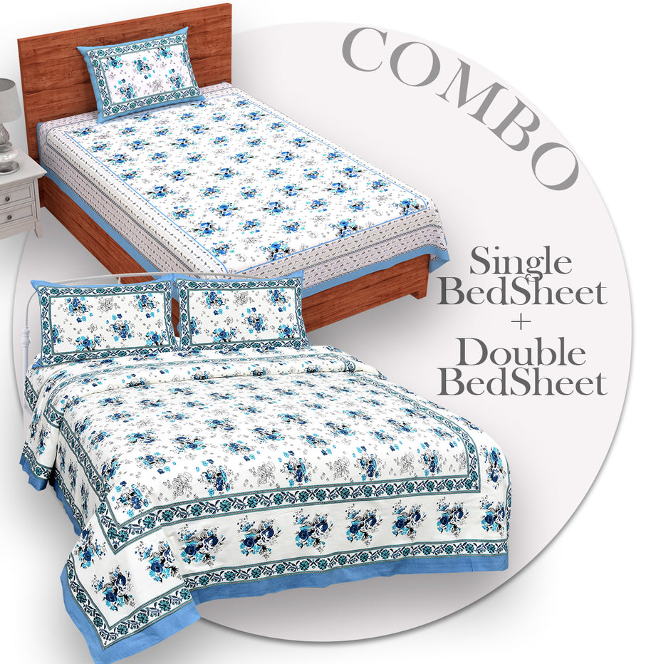 COMBO368 Beautiful Blue Colour Combo Set of 1 Single and 1 Double Bedsheet With 3 Pillow Cover