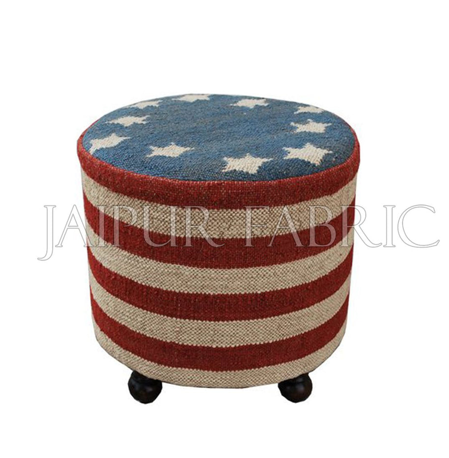 Wooden Round Stool Upholstered with Wool and Jute Kilim Woven