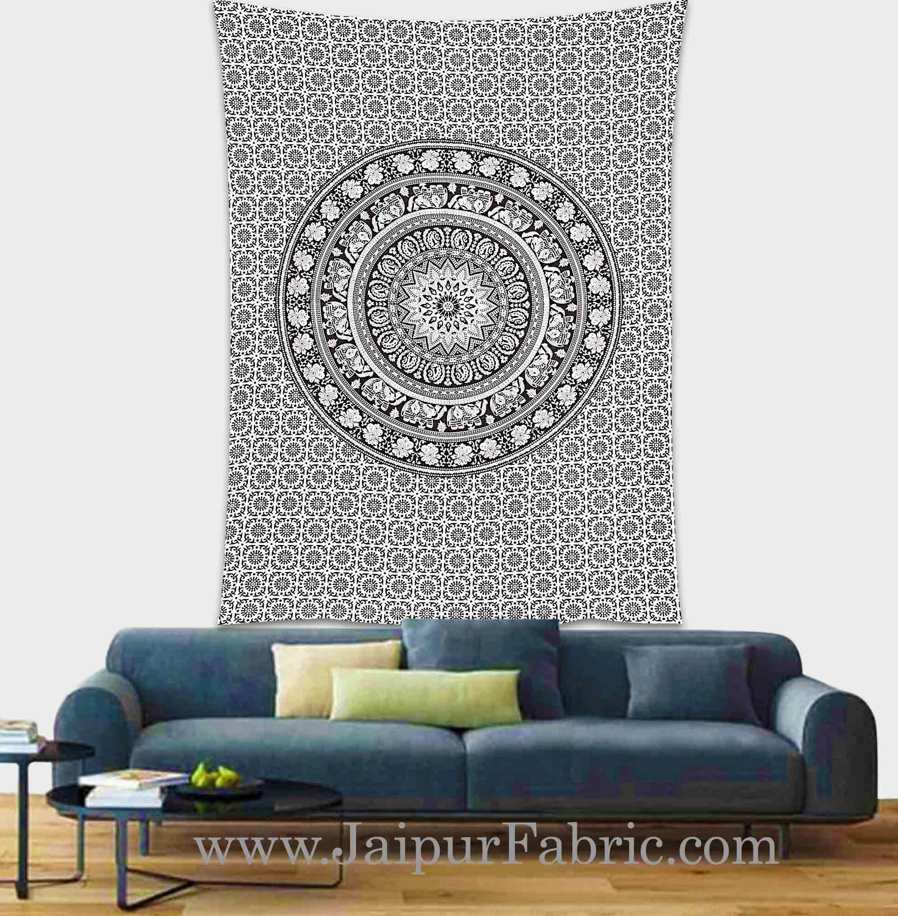 Black and White Tapestry with concentric circle mandala design wall hanging and beach throw 90x60