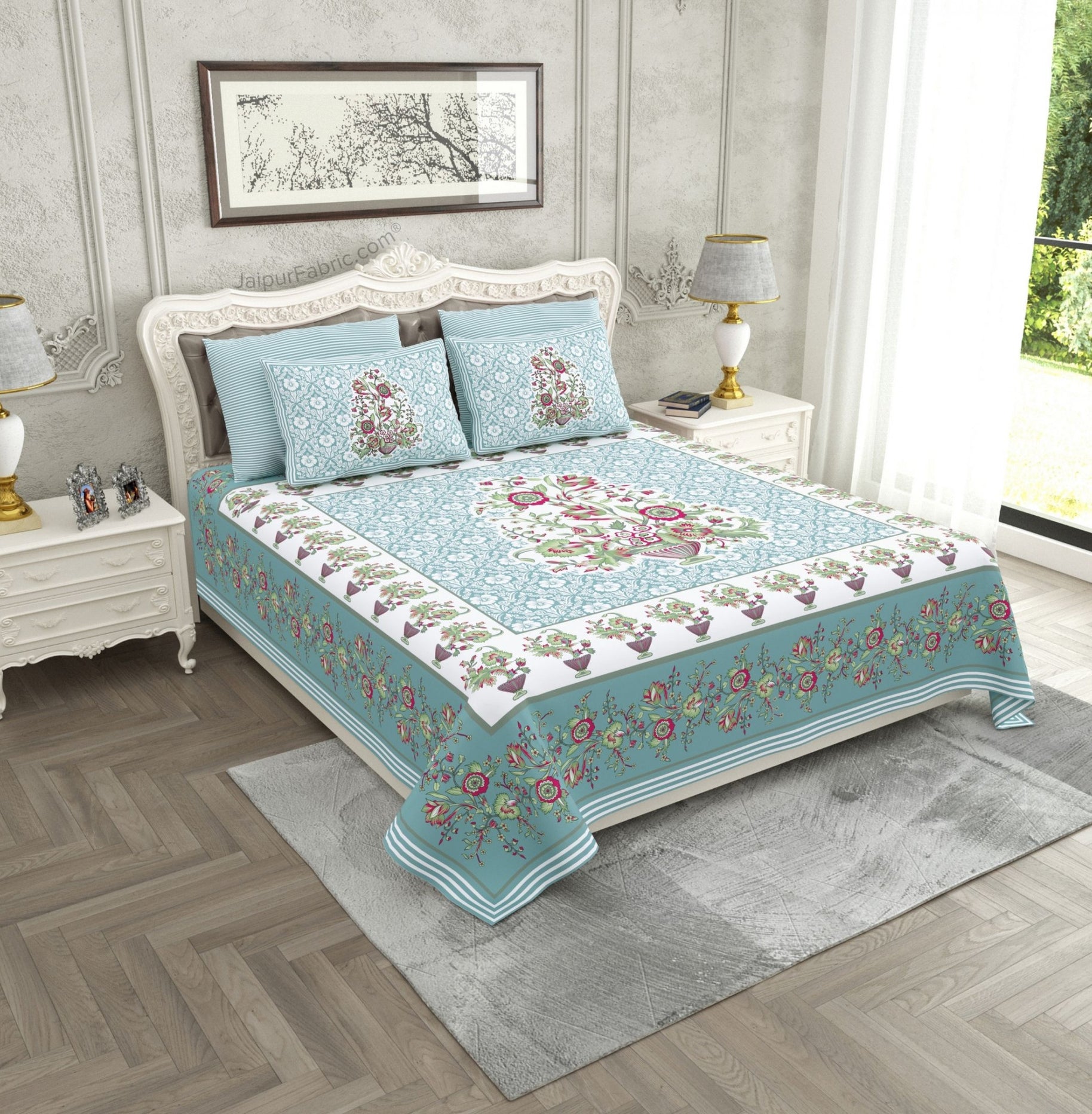 Jaipuri Gamla Blue Grey Cotton King Size Bedsheet