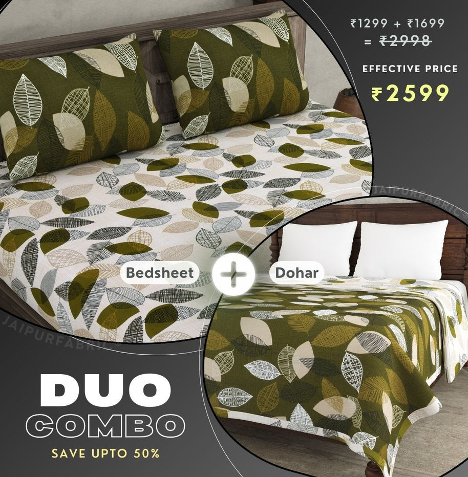 Autumn Fall Green and Off White Dohar and Bedsheet Combo