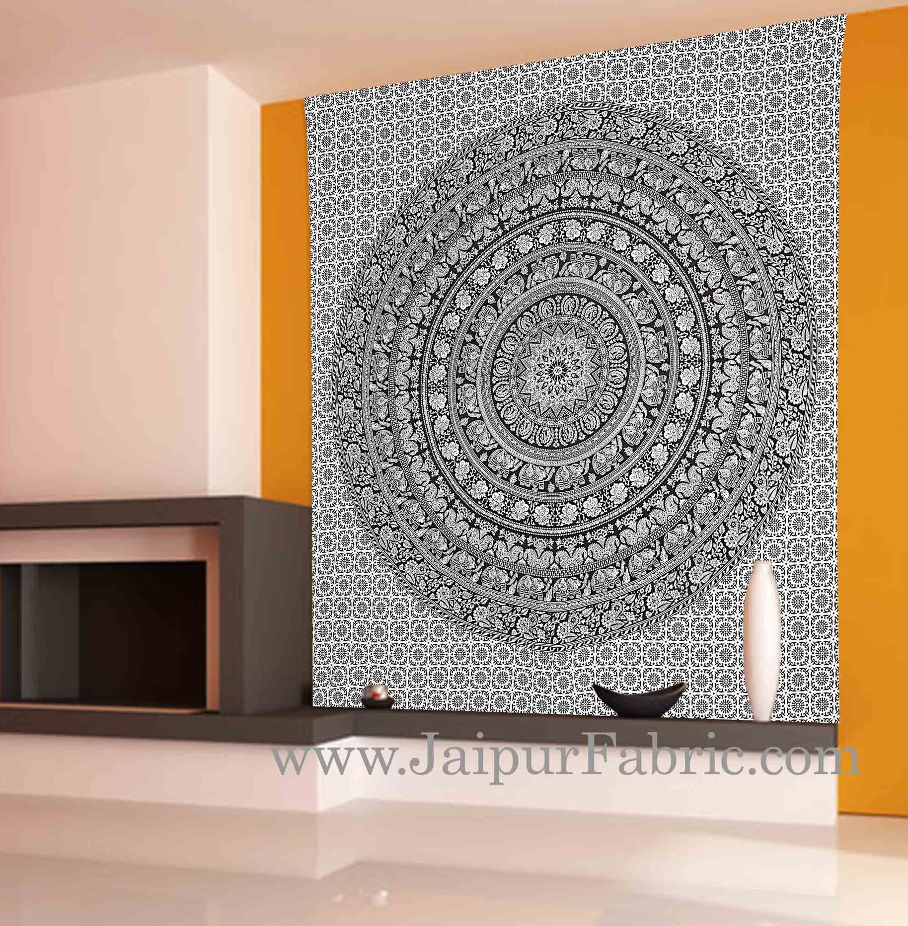 Black and White Tapestry with concentric circle mandala design wall hanging and beach throw 95x85