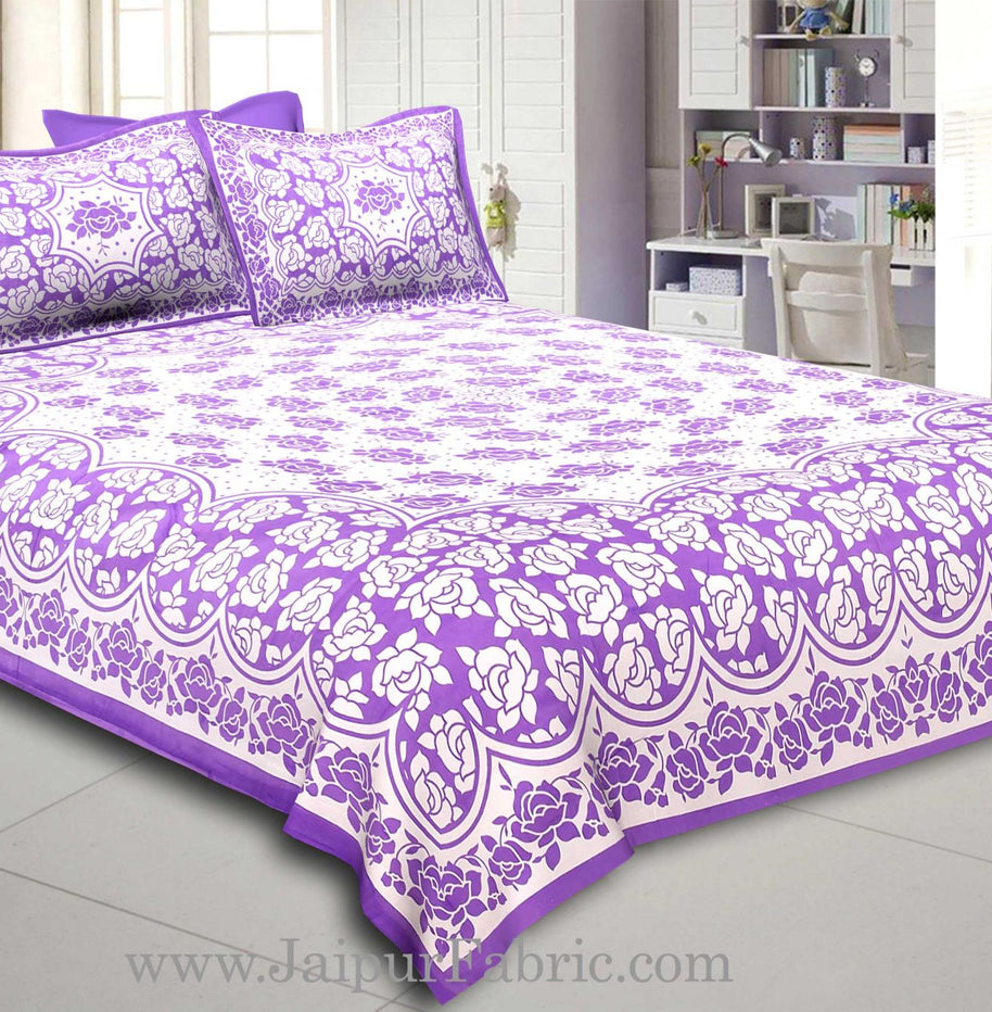 Purple Border Purple Base White Lotus Print Cotton Double Bed Sheet