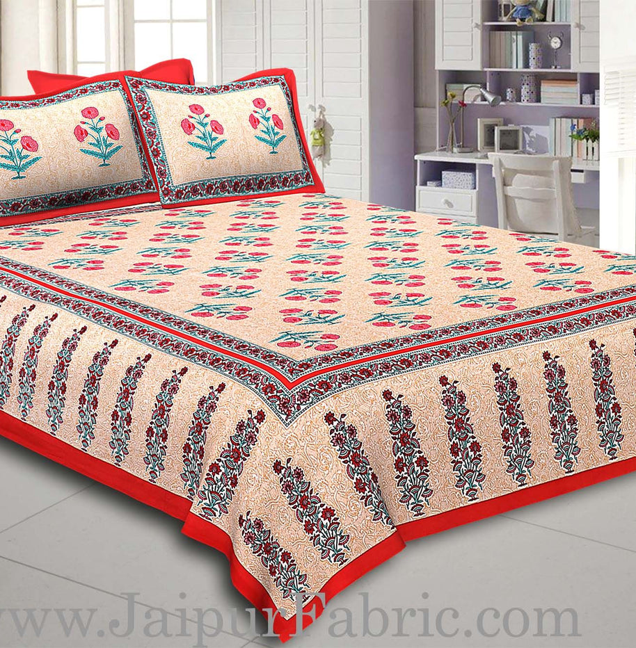 Red Border Long Gamla cream base pink flower cotton double bedsheet