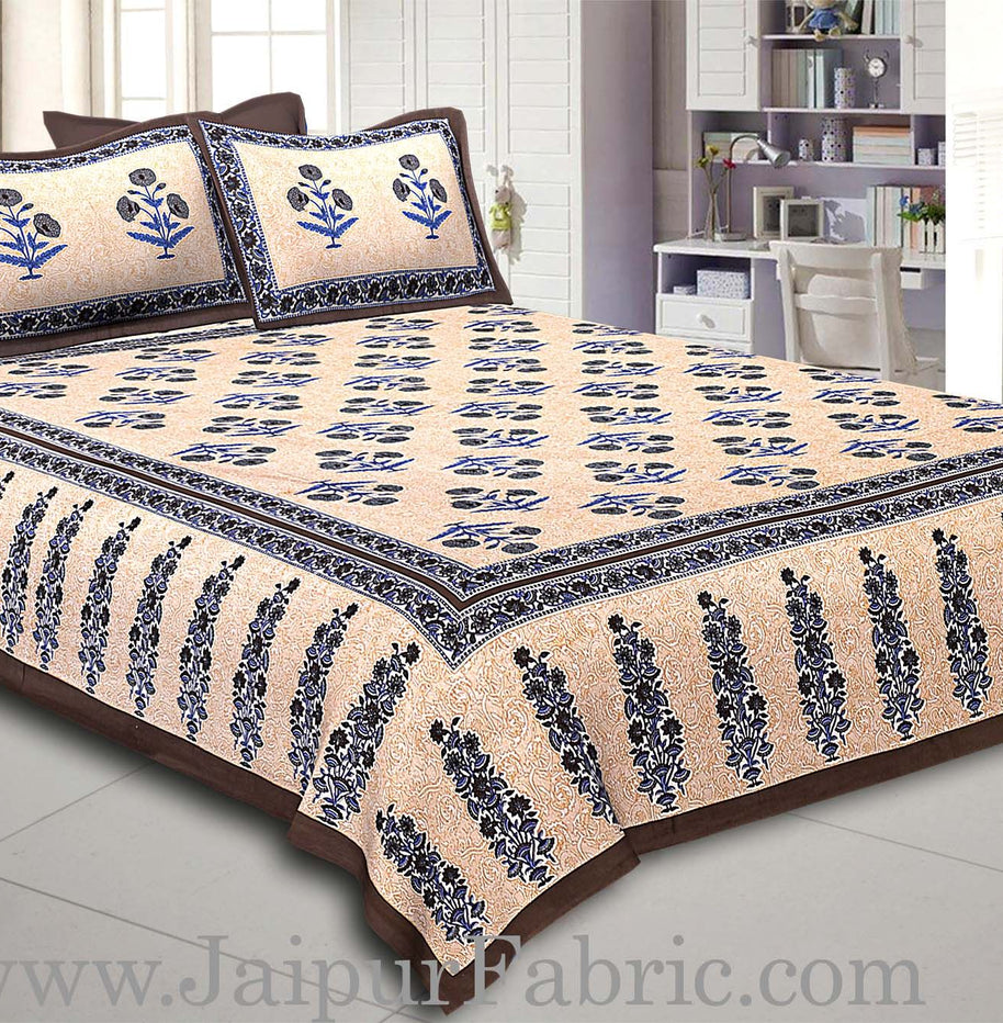 Dark Grey Border Long Gamla cream base dark grey flower cotton double bedsheet