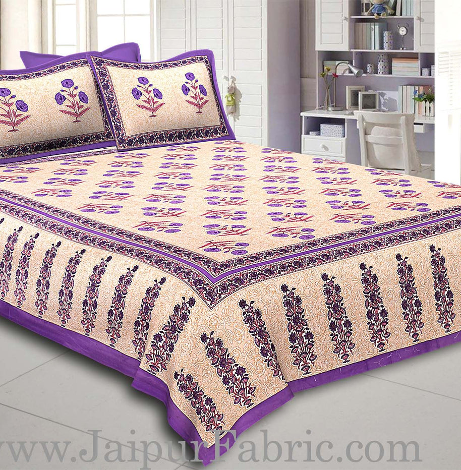 Purple Border Long Gamla cream base purple flower cotton double bedsheet