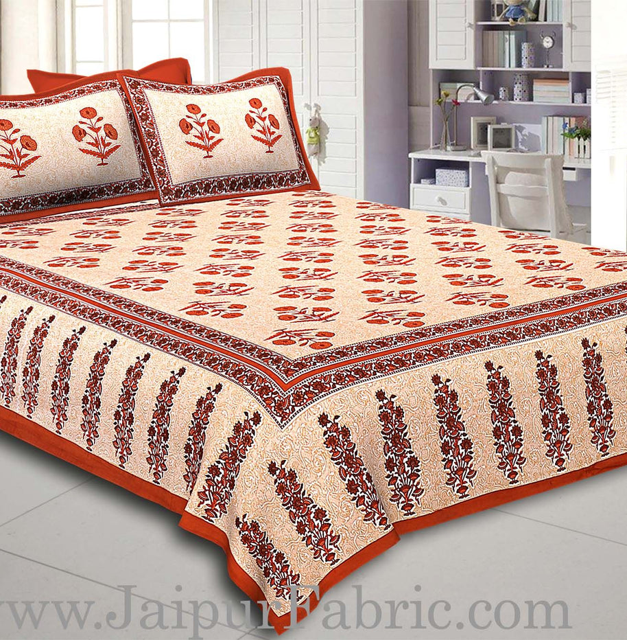 Brown Border Long Gamla cream base brown flower cotton double bedsheet