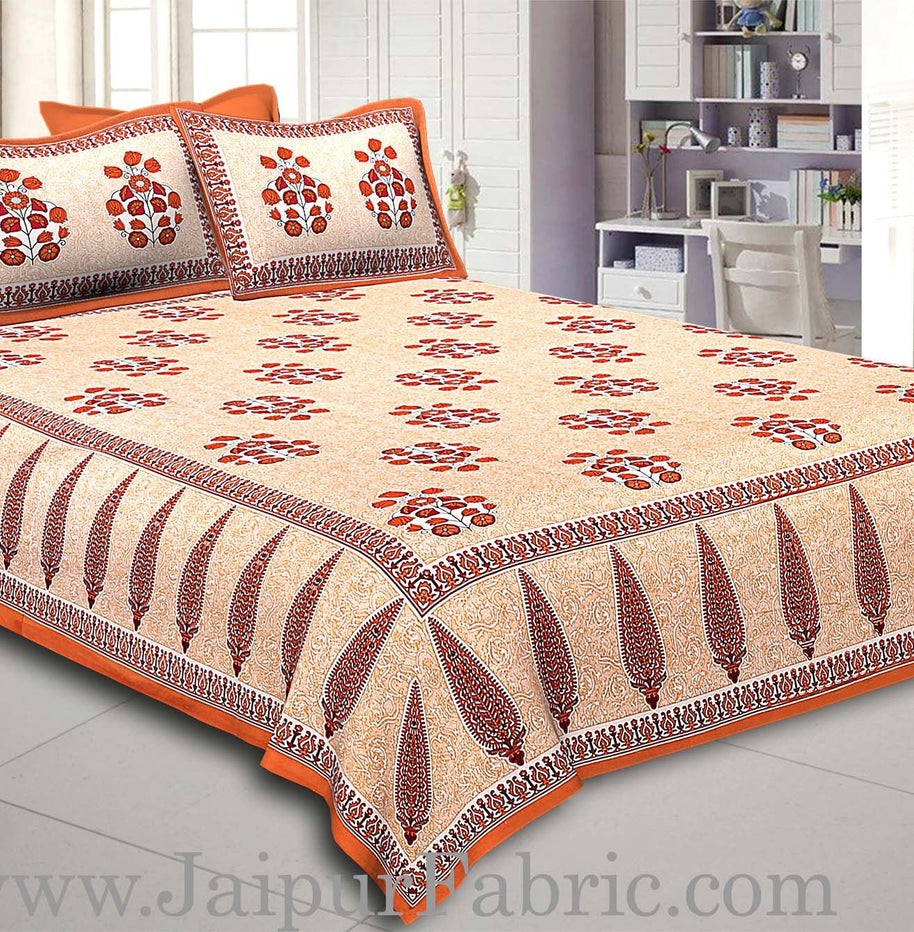 Brown Border long leaf cream base with brown flower bunch pattern cotton double bedsheet