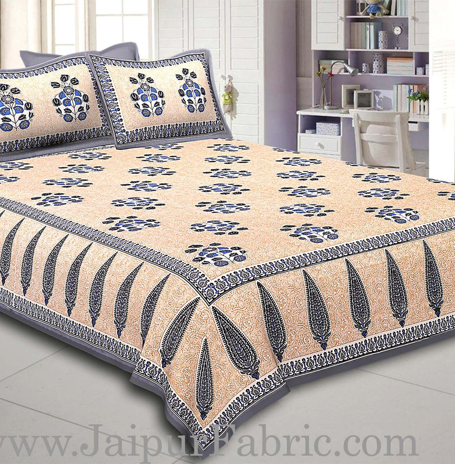 Grey Border long leaf cream base with grey flower bunch pattern cotton double bedsheet