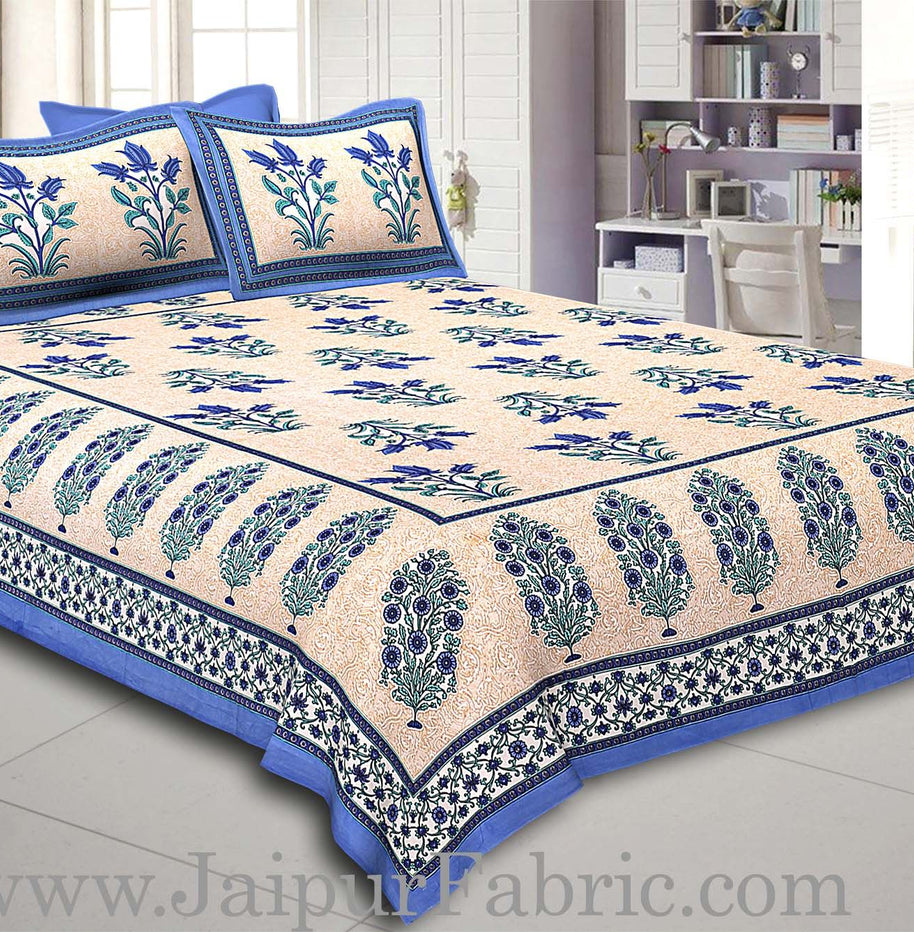 Blue Border with Bail and Gamla cream base bud and leaf print cotton double bedsheet