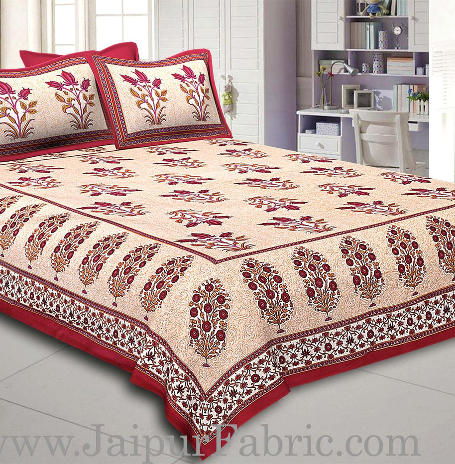 Maroon Border with Bail and Gamla cream base bud and leaf print cotton double bedsheet