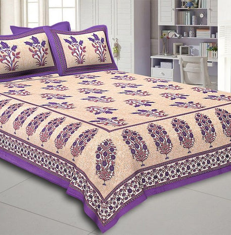 Purple Border with Bail and Gamla cream base bud and leaf print cotton double bedsheet