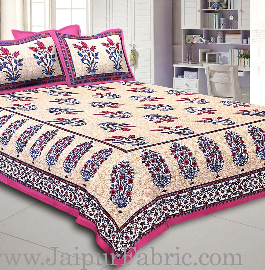 Dark Pink Border with Bail and Gamla cream base bud and leaf print cotton double bedsheet