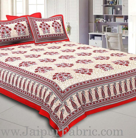 Red Border with long paan print cotton double bedsheet