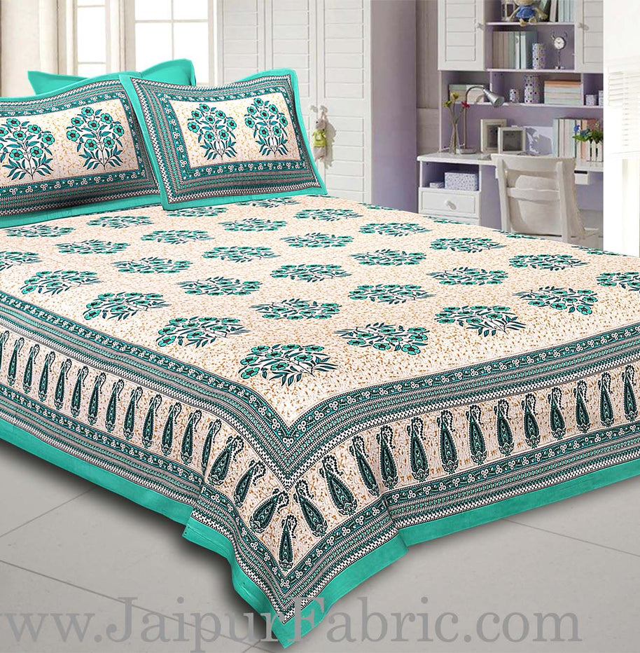 Green Border with long paan print cotton double bedsheet