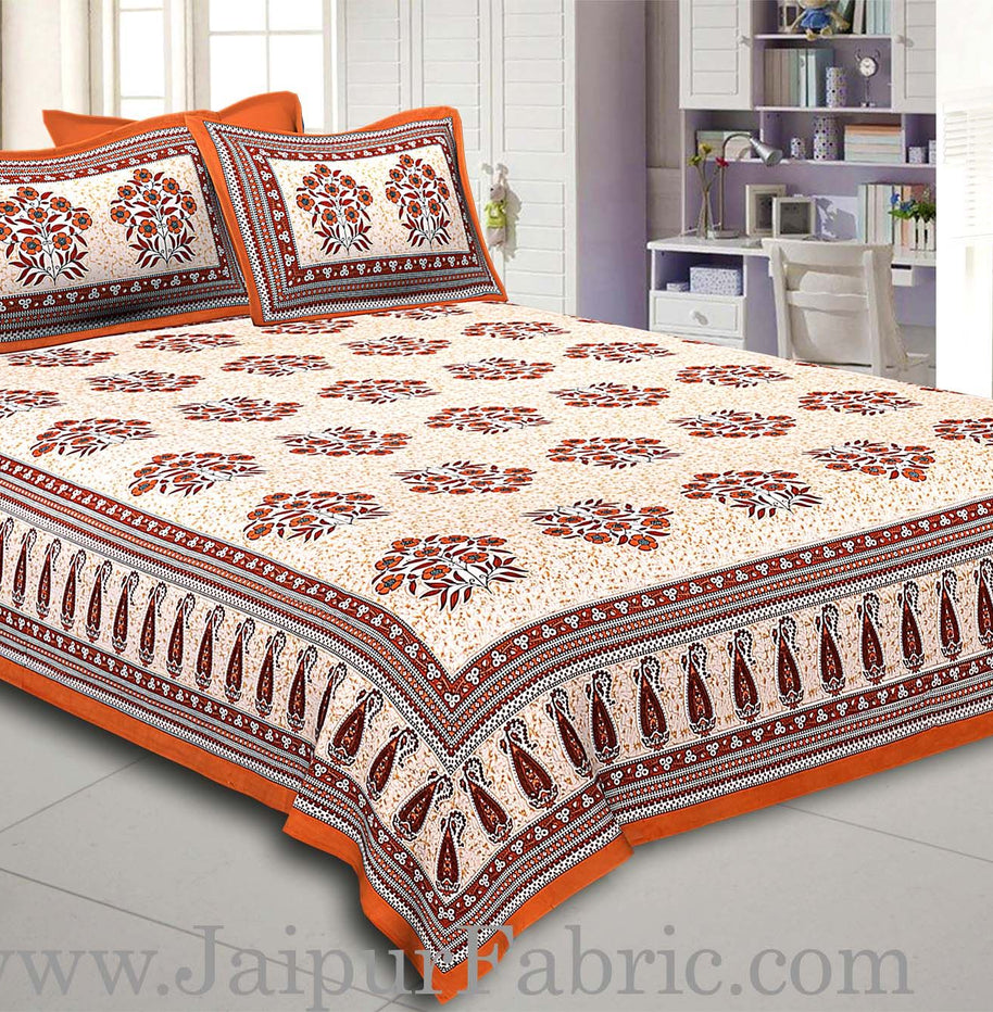 Brown Border with long paan print cotton double bedsheet