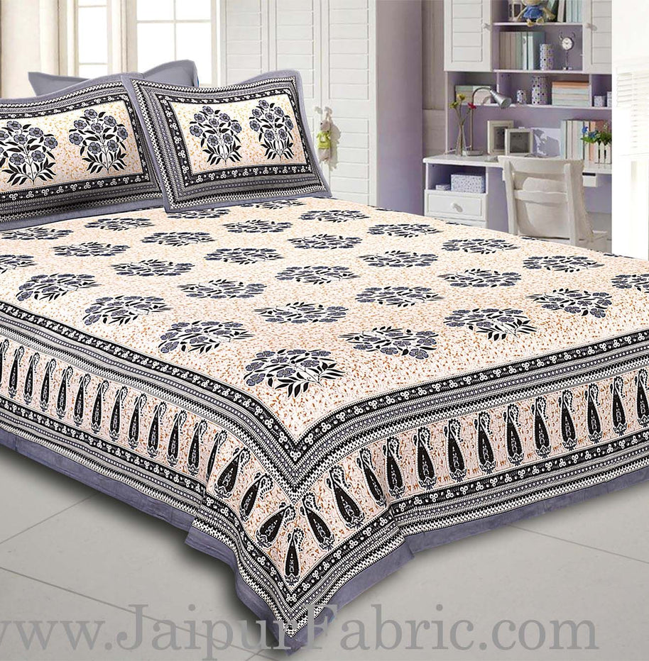 Grey Border with long paan print cotton double bedsheet