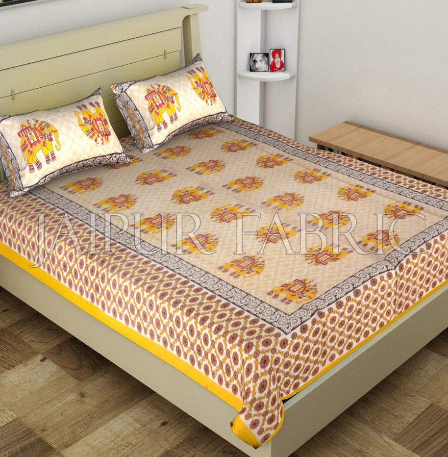 Yellow Big Size Elephant Printed Cotton Single Bed Sheet