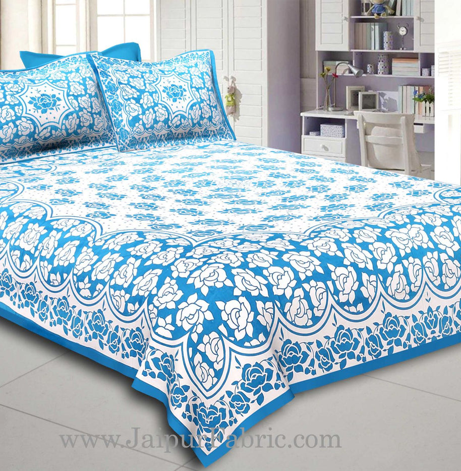 Firozi  Border Firozi Base White Lotus Print Cotton Double Bed Sheet