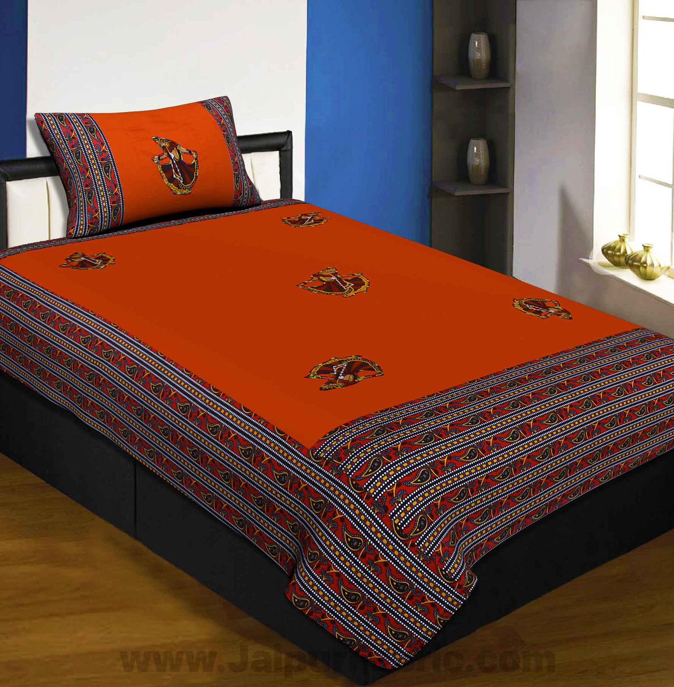 Applique Orange Gujri Jaipuri  Hand Made Embroidery Patch Work Single Bedsheet