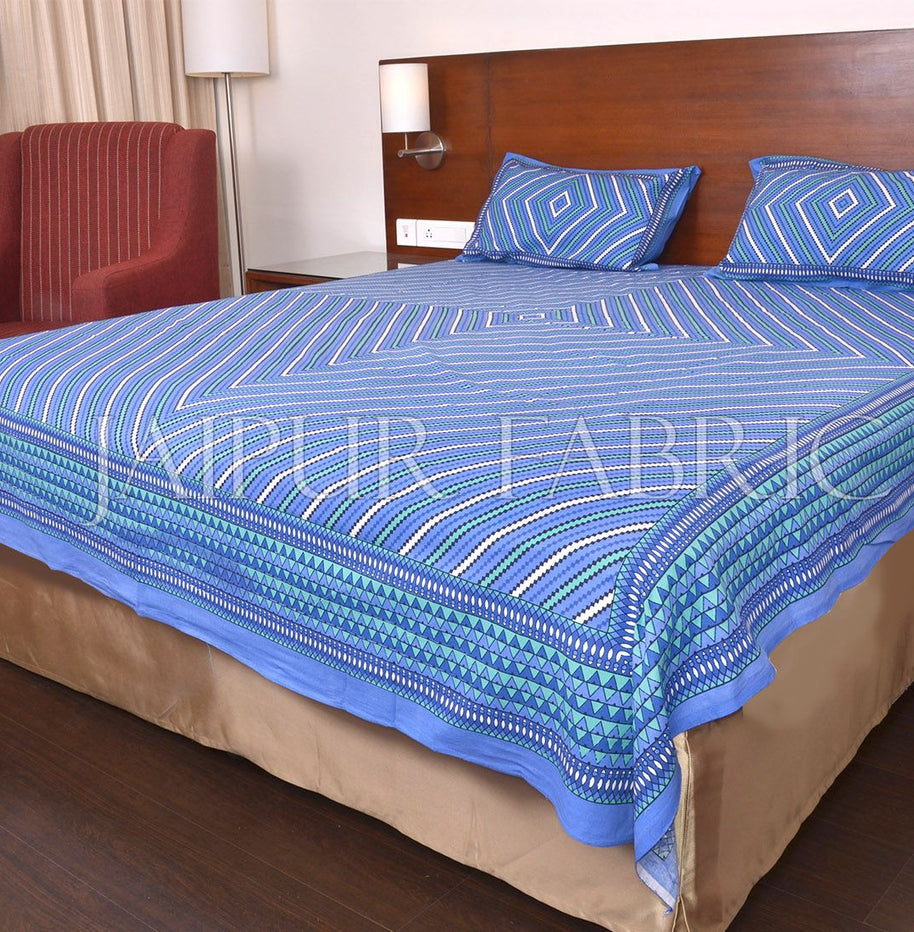 Blue Zick Zack Print Double Bed Sheet