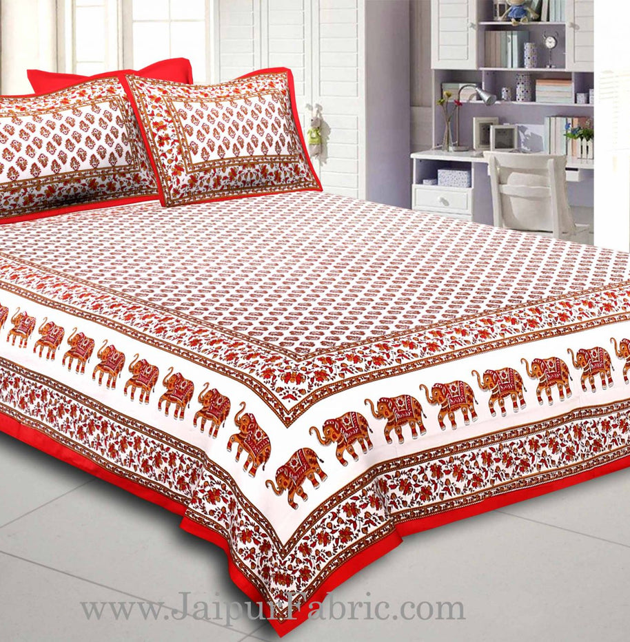 Red Border With  Paisley  Cream Base Elephant Print Cotton Double Bed Sheet