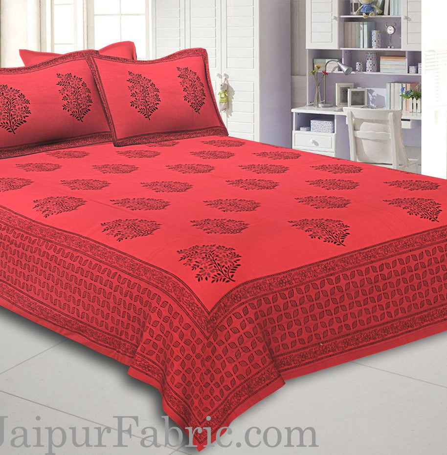 Brick Colour With Black Floral Pattern Hand Block Print Super Fine Cotton Double Bedsheet